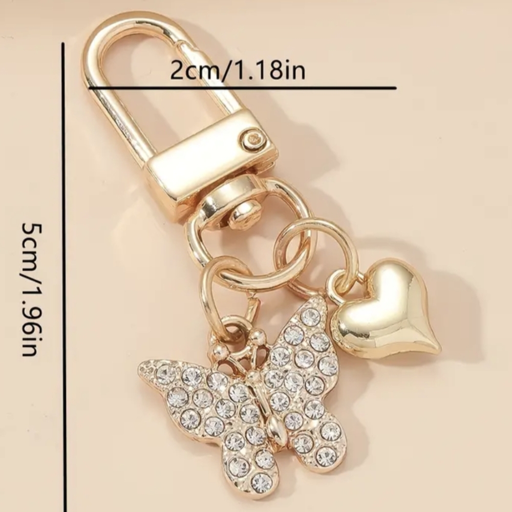 Butterfly Rhinestone & Gold Heart Bag Charm, Keychain, or Zipper Pull - Picture 4 of 5